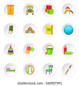 Kindergarten security icons set in white circle isolated on white background. Cartoon vector illustration