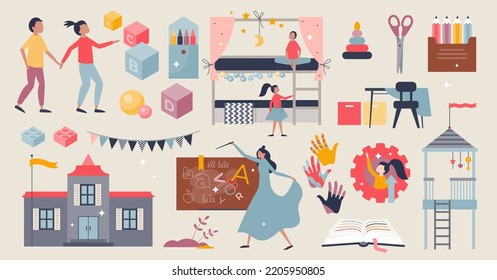 Kindergarten set with child playing and nursery center tiny person collection. Elements for childhood preschool lifestyle with children friends, classroom with chalkboard and toys vector illustration.