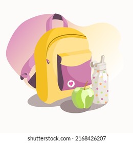Kindergarten set. Children's backpack. Children's bottle. Cute illustration in flat style. 