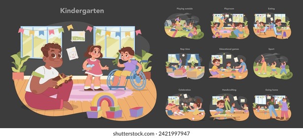 Jardín de niños. Actividades diarias, desde aprender a jugar, dormir la siesta hasta los deportes. Diversidad e inclusión en la educación temprana. Desarrollo del niño en un entorno propicio. Ilustración vectorial plana