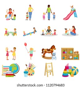 Kindergarten set of flat icons with babysitter and kids, swing, toys, paints and books isolated vector illustration