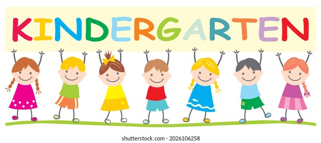 Kindergarten Seven Happy Kids Banner Vector Stock Vector (Royalty Free ...