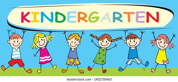 Kindergarten, six happy kids, vector illustration