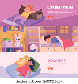 Kindergarten sleep. happy little kids sleeping in cozy places in various funny poses