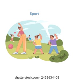 Día de deportes de kindergarten. Niños y profesores activos que participan en juegos de pelota al aire libre, fomentando el trabajo en equipo y la salud física. Juego activo en un entorno natural. Ilustración vectorial plana