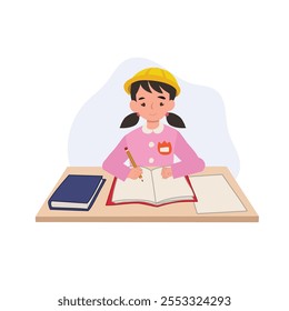 A kindergarten student in a Japanese school uniform is studying and taking notes at school desk