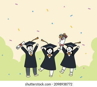 Kindergarten students congratulated me on my graduation illustration set. Bouquet, diploma, graduation cap, tie, decoration. Vector drawing. Hand drawn style.