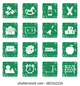Kindergarten symbol icons set in grunge style green isolated vector illustration