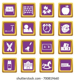 Kindergarten symbol icons set in purple color isolated vector illustration for web and any design