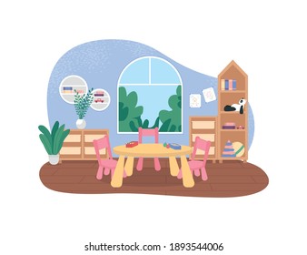 Kindergarten Tables For Mealtime 2D Vector Web Banner, Poster. Desk With Lunch Boxes. Preschool Room Flat Interior On Cartoon Background. Dinner Break For Kids Printable Patch, Colorful Web Element