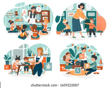 Kindergarten Teacher With Children, Babysitter With Kids, Vector Illustration. Woman Teaching Children To Read And Dressing Them For Walk. People Cartoon Characters, Preschool Education For Kids