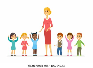 Kindergarten teacher with children - cartoon people characters isolated illustration on white background. Young smiling woman standing with happy international kids. Colorful image for a presentation