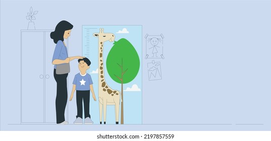 Kindergarten teacher or father measuring boy kid height with painted Giraffe meter wall or height chart or wall sticker arrow. Flat style character vector illustration isolated on blue background.