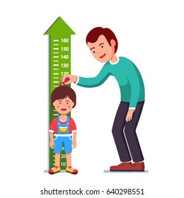 Kindergarten teacher or father measuring boy kid height with painted graduations on the wall arrow. Flat style character vector illustration isolated on white background.