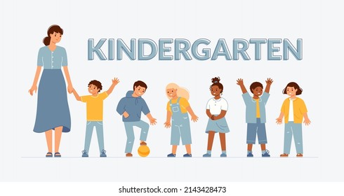 Kindergarten teacher with group of small children of different nationalities. Guys play ball, chat, have fun. Flat cartoon vector illustration.