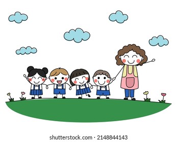 Kindergarten teacher and little student holding hands together.