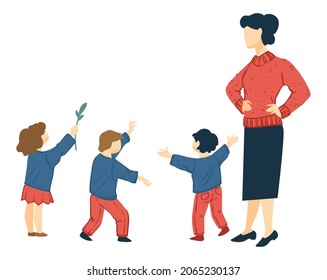 Kindergarten teacher looking after small children, kids playing and running. Woman with boys and girls holding toys in hands. Mother with sons and daughters. Vector in flat style illustration