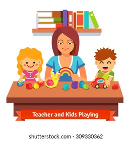 Kindergarten teacher making plasticine figures with kids. Preschool learning and education. Flat style cartoon vector illustration isolated on white background.