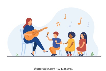 Kindergarten teacher playing guitar for diverse group of kids. Preschool children enjoying music lesson. Flat vector illustration for day care activity, childhood concept