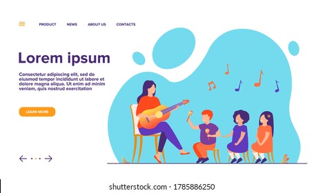 Kindergarten teacher playing guitar for diverse group of kids. Preschool children enjoying music lesson. Flat vector illustration for day care activity, childhood concept