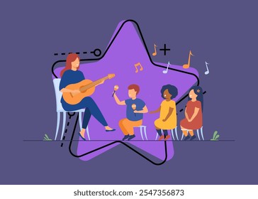 Professora de jardim de infância tocando guitarra para grupos diversos de crianças. Crianças em idade pré-escolar curtindo aula de música. Ilustração de vetor plano para atividade de cuidados diurnos, conceito de infância