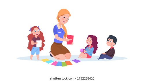 Kindergarten teacher. Preschool kids learn colors. Isolated cartoon group of children and cute nanny vector illustration