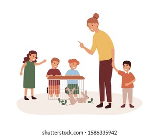 Kindergarten Teacher With Preschoolers Group Flat Vector Illustration. Pet Care Lesson, Play With Rabbits. Woman With Preschool Kids, Smiling Kindergartener And Children Cartoon Characters.