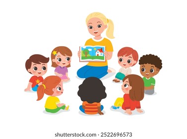 Kindergarten teacher reading and telling a story to children group showing book spread picture. Teacher talks to student sit on floor in circle and listen to her. 