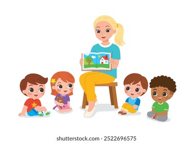 Kindergarten teacher reading and telling a story to children group showing book spread picture. Teacher talks to student sit on floor in circle and listen to her.