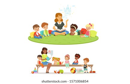 Kindergarten teacher reads a fairy tale. Set of vector illustrations.