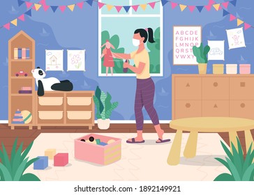 Kindergarten teacher sanitize toys flat color vector illustration. New normal routine during pandemic. Preschool tutor in medical mask 2D cartoon character with primary grade classroom on background