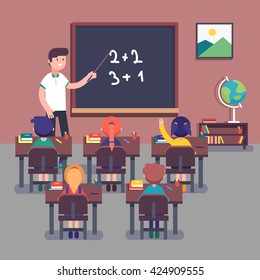 Kindergarten teacher teaching math to his small pupils. Kids learning mathematics. Smiling characters. Modern flat style color vector illustration.