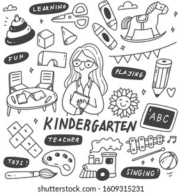 Kindergarten Teacher and Toys in Doodle Illustration