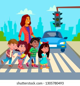 Kindergarten Teacher Transfer Across The Road Little Boys And Girls Vector. Isolated Illustration