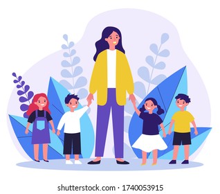 Kindergarten teacher walking with kids. Positive young woman leading happy kids by hands outdoors. Vector illustration for pedagogy, preschool, primary school, education concept