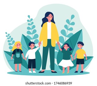 Kindergarten teacher walking with kids. Positive young woman leading happy kids by hands outdoors. Vector illustration for pedagogy, preschool, primary school, education concept