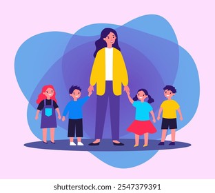 Professor de jardim de infância andando com crianças. Uma jovem positiva liderando crianças felizes com as mãos ao ar livre. Ilustração vetorial para pedagogia, pré-escola, escola primária, conceito de educação