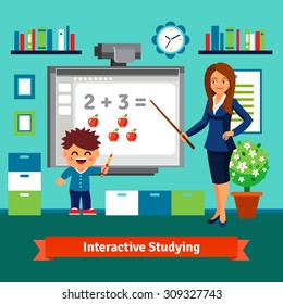 Kindergarten teacher woman teaching boy elementary mathematics with an interactive board. Private tutor studying. Flat style cartoon vector illustration with isolated objects.