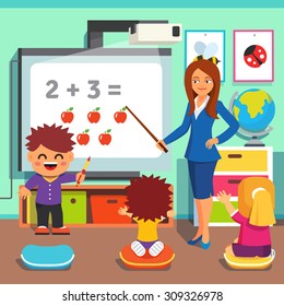 Kindergarten teacher woman teaching kids math with an interactive board. Children studying in classroom. Flat style cartoon vector illustration with isolated objects.