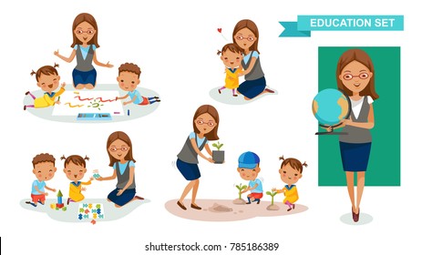 Kindergarten Teacher Women Of Education Set. Drawing, Jousting And Puzzles, Tree Planting, Hugs Student Activity Concept. Cartoon Character Design. Vector Illustrations  Isolated On A White Background