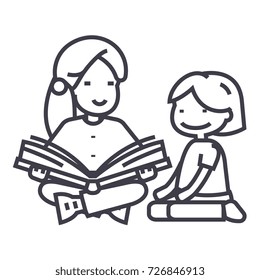 kindergarten teacher,woman reading book to girl vector line icon, sign, illustration on background, editable strokes