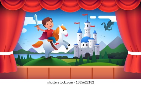 Kindergarten Theater Stage Performance. Boy Kid Actor Role Of Medieval Castle Knight Wielding Sword Riding Horse. Child Acting In Fairy Tale Decorations Play Show. Flat Vector Character Illustration