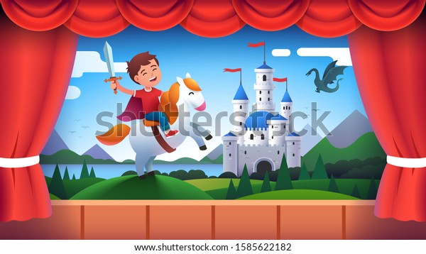 Kindergarten theater stage performance. Boy\
kid actor role of medieval castle knight wielding sword riding\
horse. Child acting in fairy tale decorations play show. Flat\
vector character\
illustration