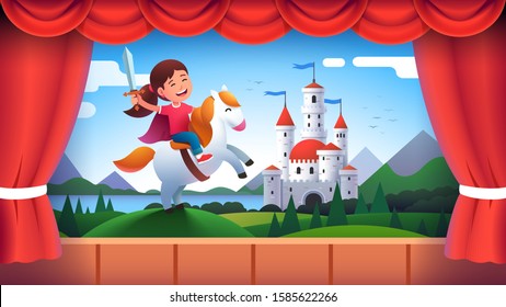 Kindergarten theater stage performance. Girl kid actor role of medieval castle knight wielding sword riding horse. Child acting in fairy tale decorations play show. Flat vector character illustration