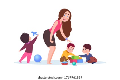 Kindergarten time. Cute cartoon toddlers, adorable teacher. Young nanny or babysitter and playing kids vector illustration