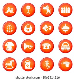 Kindergarten tools icons set vector red circle isolated on white background 