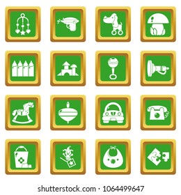 Kindergarten tools icons set vector green square isolated on white background 