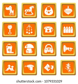 Kindergarten tools icons set vector orange square isolated on white background 