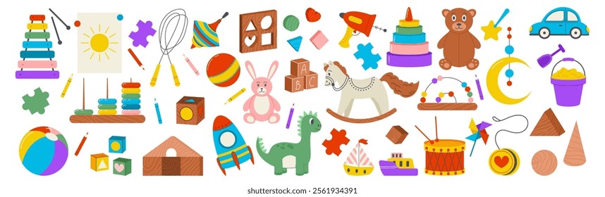 Kindergarten toy. Baby game. Children education. Ball or puzzle. Wooden horse. Boys car or rocket. Kids construction building. Drum and xylophone. Plush bear. Vector garish infant playing elements set