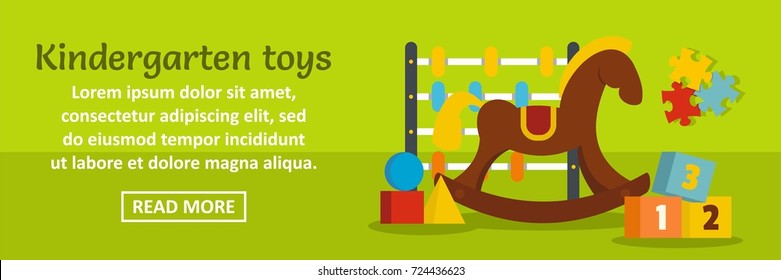 Kindergarten toys banner horizontal concept. Flat illustration of kindergarten toys banner horizontal vector concept for web design